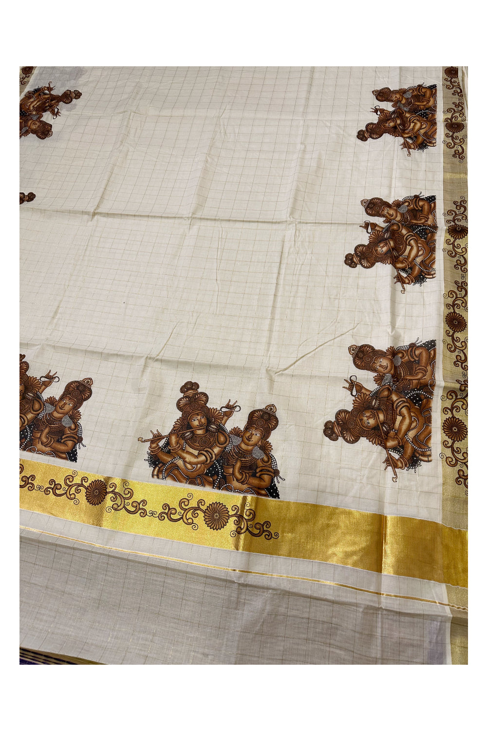 Pure Cotton Kerala Saree with Kasavu Check Design and Krishna Radha Mural Prints on Body (Onam Saree 2023)