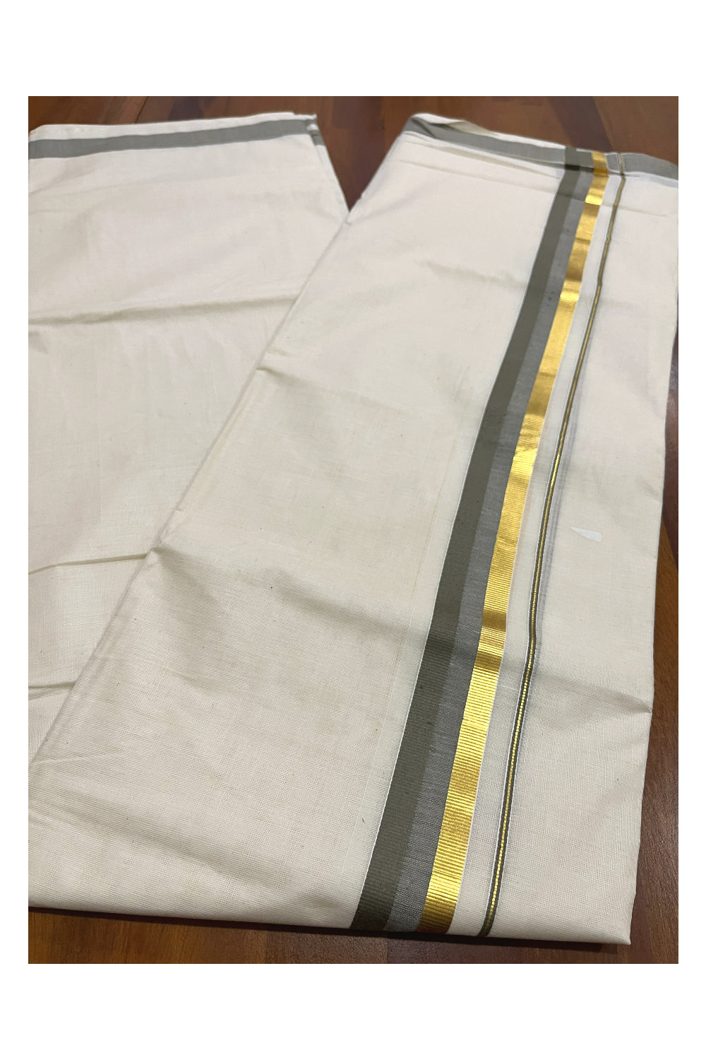 Pure Cotton Kerala Double Mundu with Grey and Kasavu Kara (South Indian Kerala Dhoti)