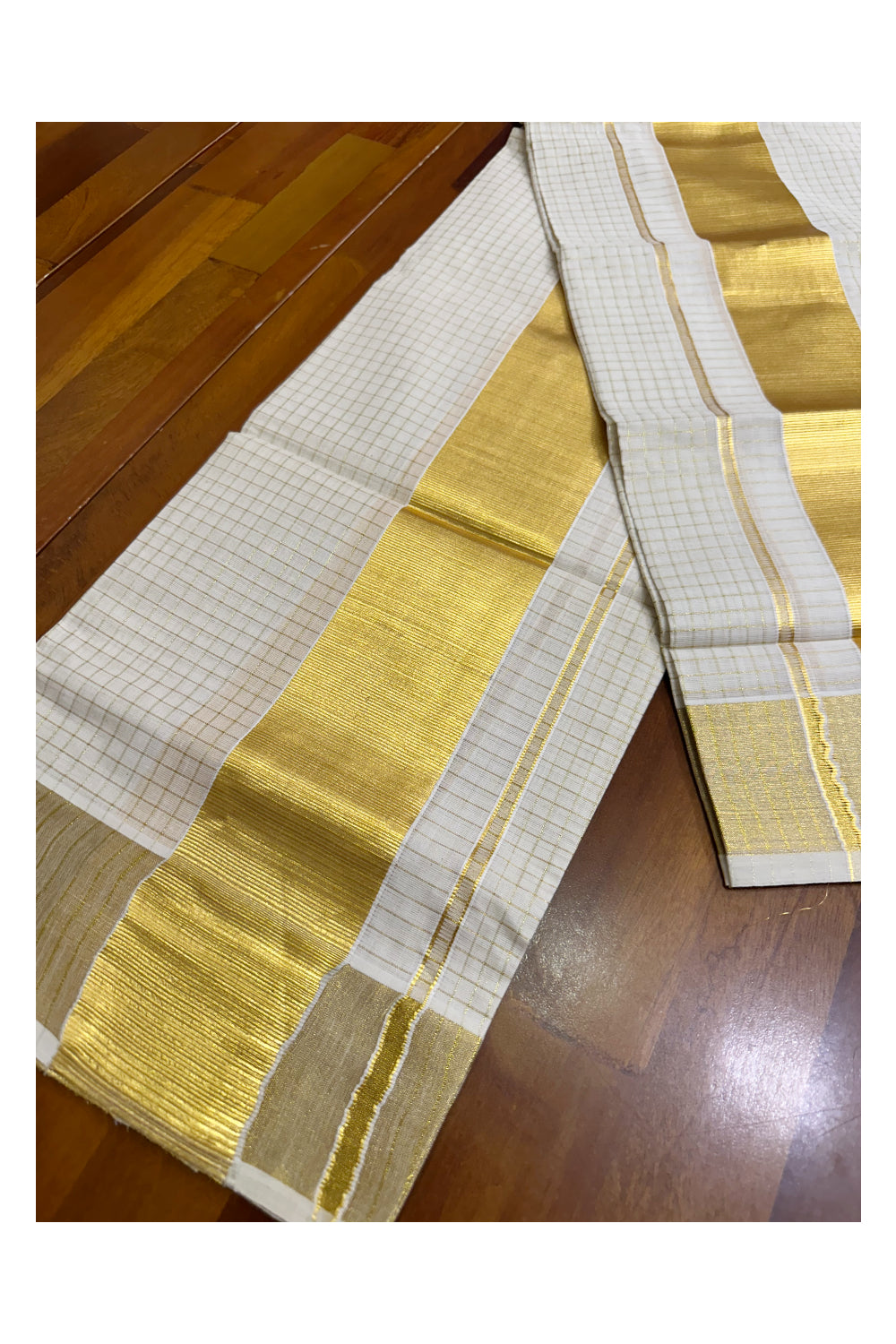 Pure Cotton Kerala Set Mundu with Kasavu Checks on Body (Handloom Quality Kasavu Used - 2.80 Mtrs)