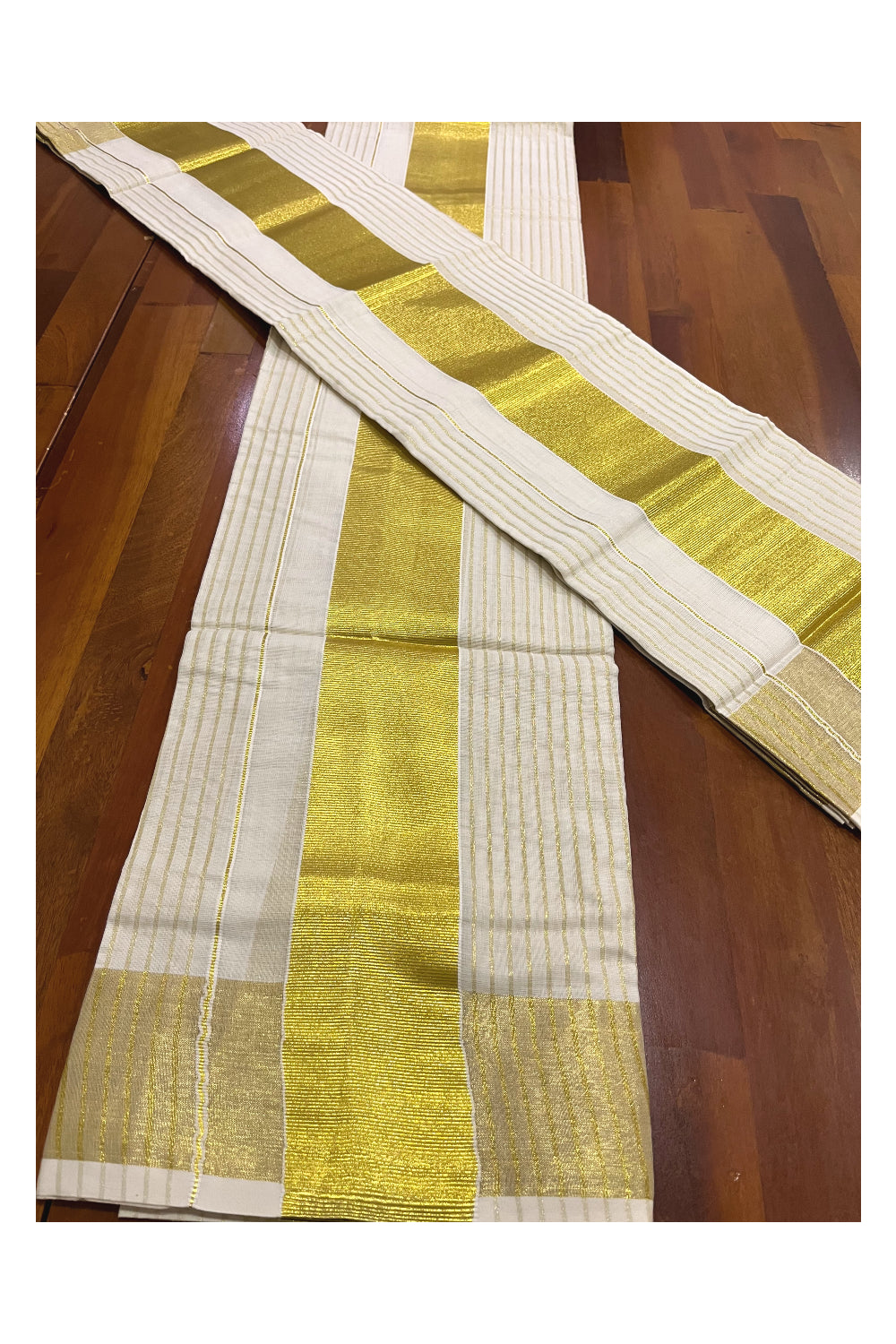 Pure Cotton Set Mundu (Mundum Neriyathum) with Kasavu Woven Lines Design on Body 2.80 Mtrs