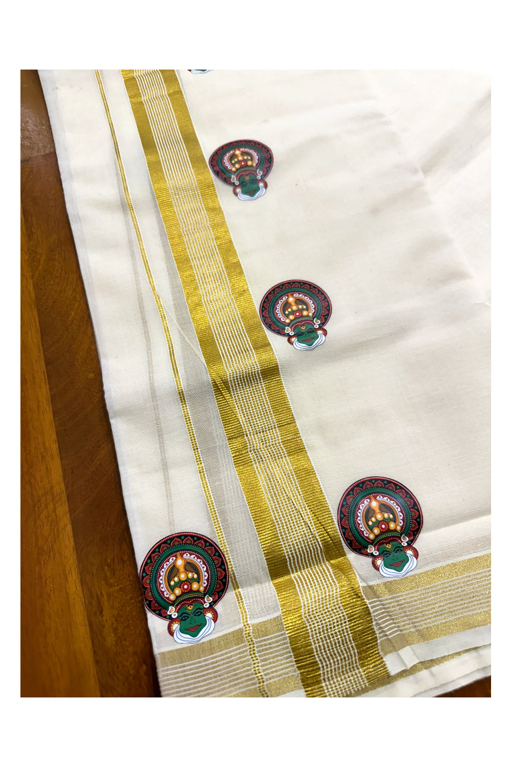 Southloom Lines Kasavu Double Mundu with Mural Print Along Kara