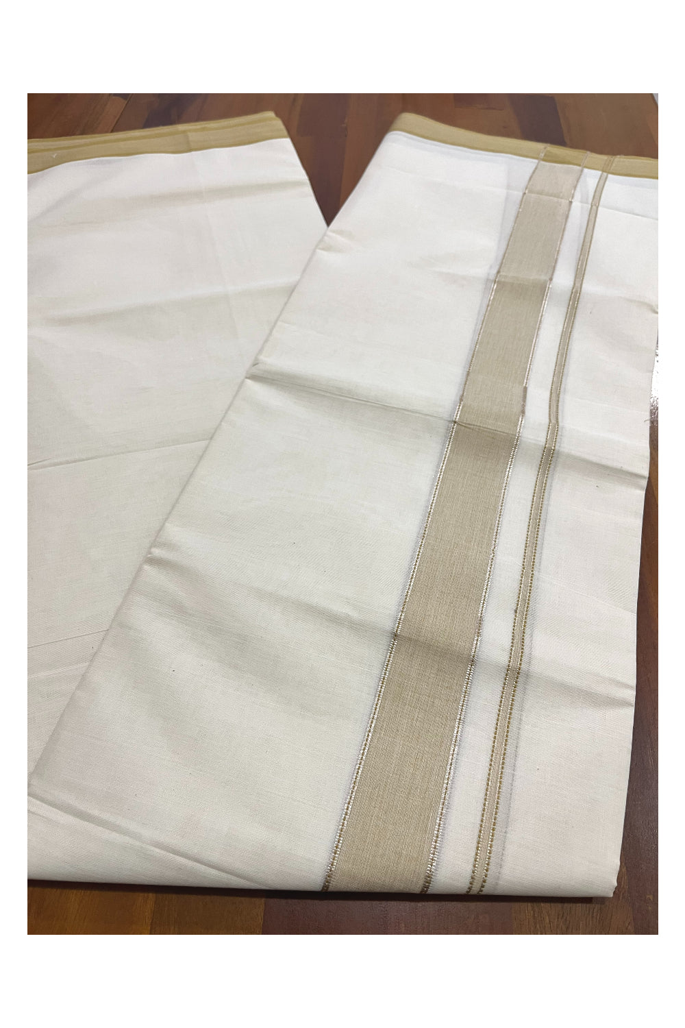 Pure Cotton 100x100 Double Mundu with Silver Kasavu and Yellow Kara (Onam Mundu 2023)