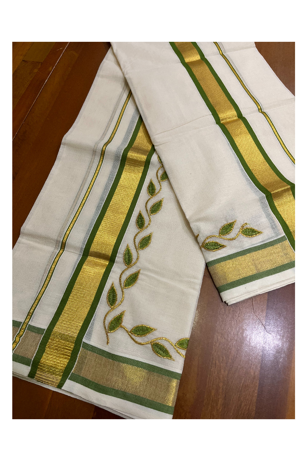 Kerala Cotton Mundum Neriyathum Single (Set Mundu) with Light Green Golden Floral Embroidery Designs in Light Green and Kasavu Border