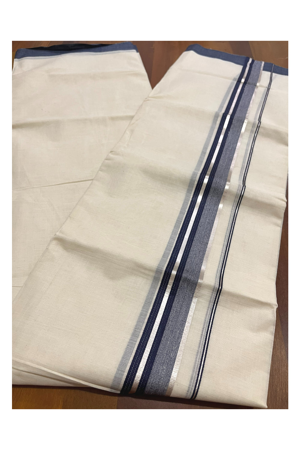 Pure Cotton 100x100 Double Mundu with Silver Kasavu and Dark Blue Border (Onam Mundu 2023)