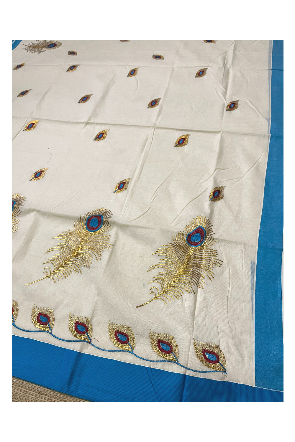 Pure Cotton Kerala Saree with Feather Embroidery Work and Blue Border (Onam Saree 2023)