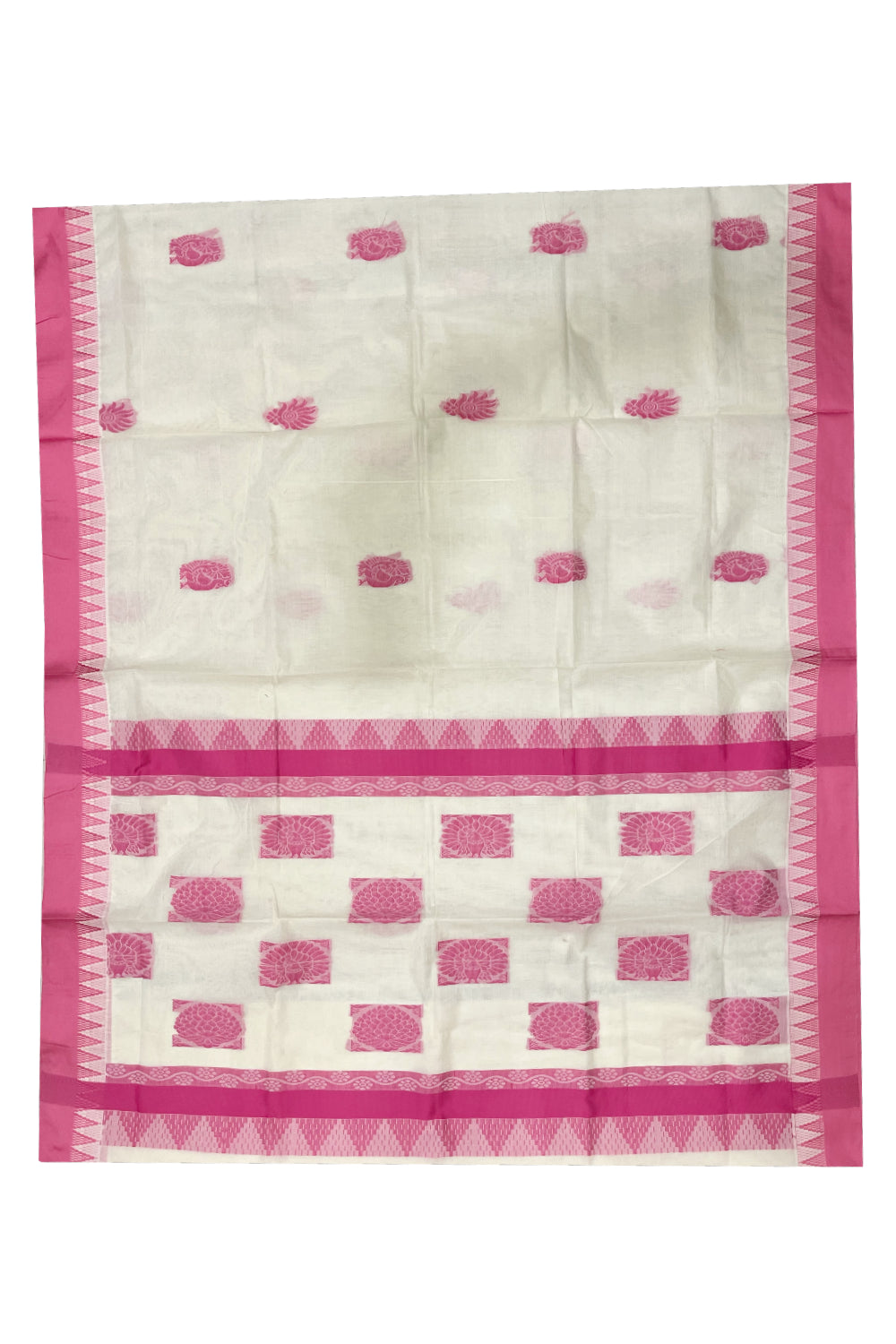 Pure Cotton Kerala Saree with Pink Heavy Woven Designs and Temple Border (Vishu 2024 Collection)