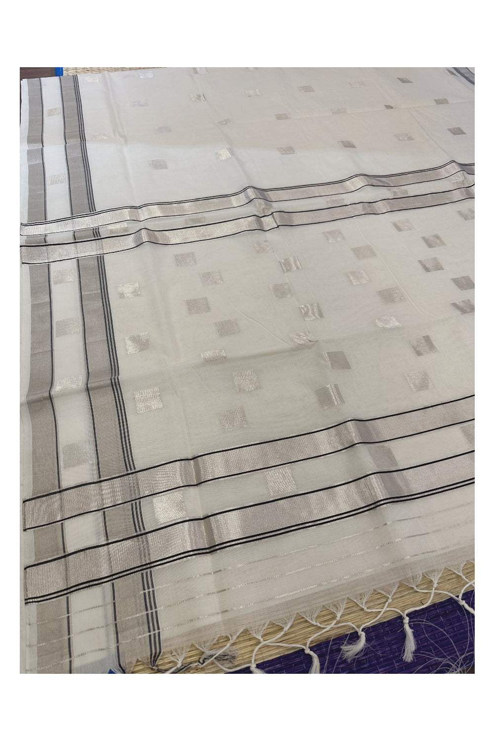 Southloom™ Premium Handloom Cotton Kerala Saree with Silver and Black Check Work on Body