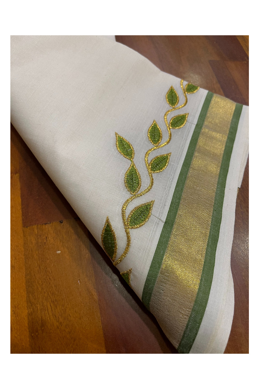 Kerala Cotton Mundum Neriyathum Single (Set Mundu) with Light Green Golden Floral Embroidery Designs in Light Green and Kasavu Border