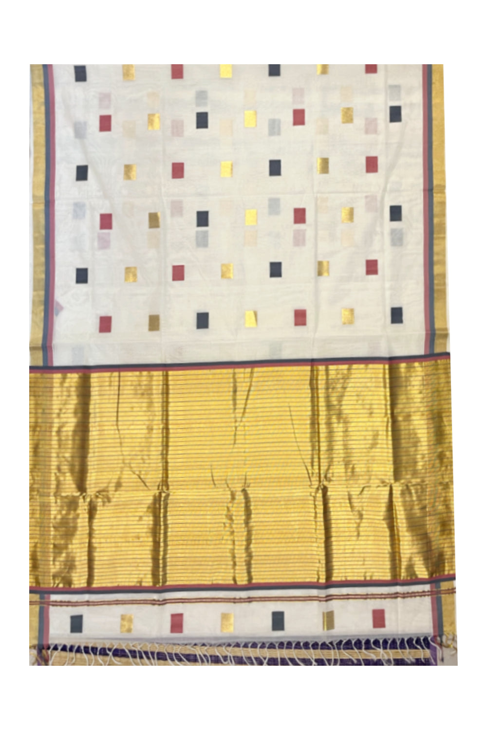 Southloom Premium Handloom Cotton Kasavu Saree with Grey,Pink and Golden Square Woven Motifs