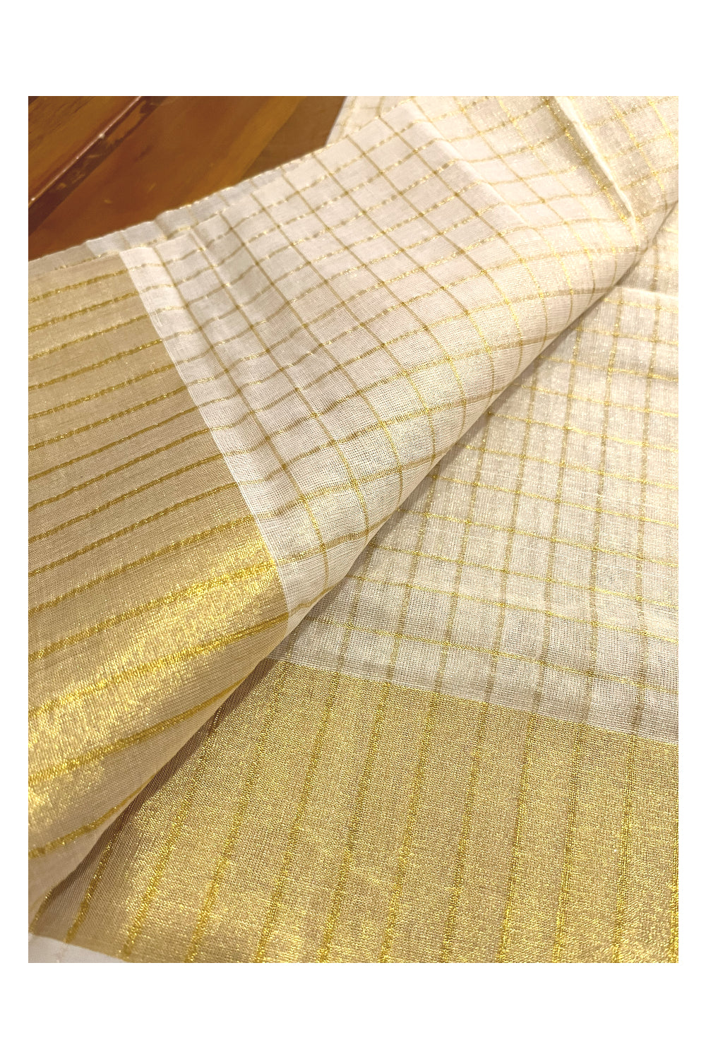Southloom Premium Handloom Tissue Kasavu Set Mundu (Mundum Neriyathum) with Check Designs Across Body 2.80 Mtrs