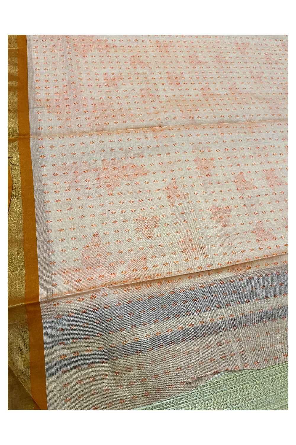 Pure Cotton Kerala Saree with Orange Block Print Leaf Designs and Kasavu Border (Vishu 2024 Collection)
