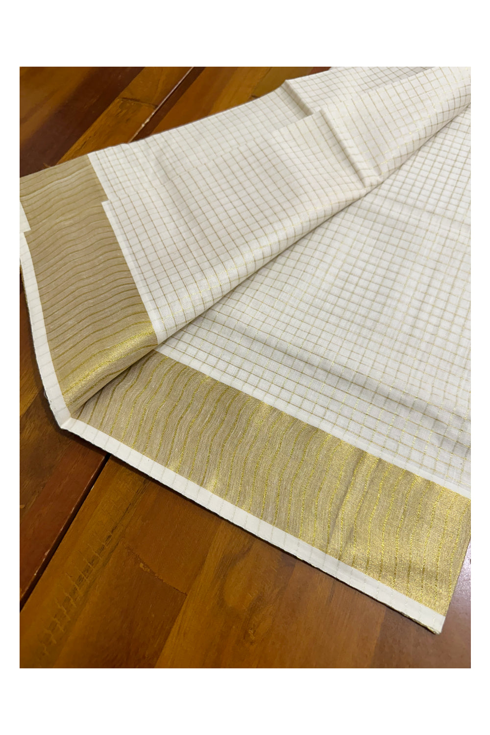 Pure Cotton Kerala Set Mundu with Kasavu Checks on Body (Handloom Quality Kasavu Used - 2.80 Mtrs)