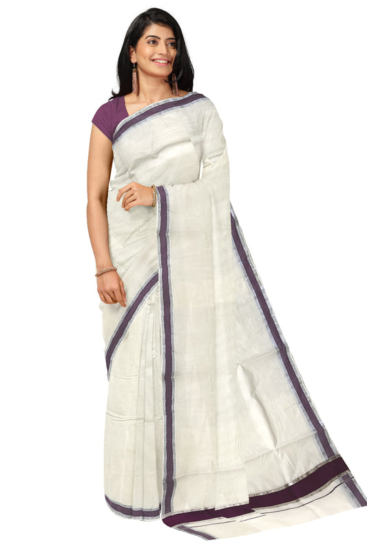 Pure Cotton Kerala Saree with Purple and Silver Kasavu Border