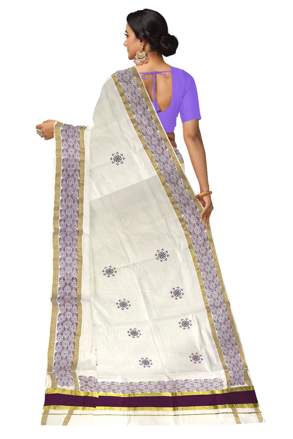 Pure Cotton Kerala Saree with Purple Block Printed Kasavu Border (Onam Saree 2023)