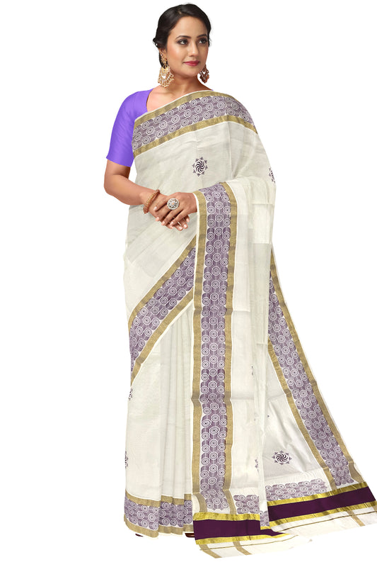 Pure Cotton Kerala Saree with Purple Block Printed Kasavu Border (Onam Saree 2023)