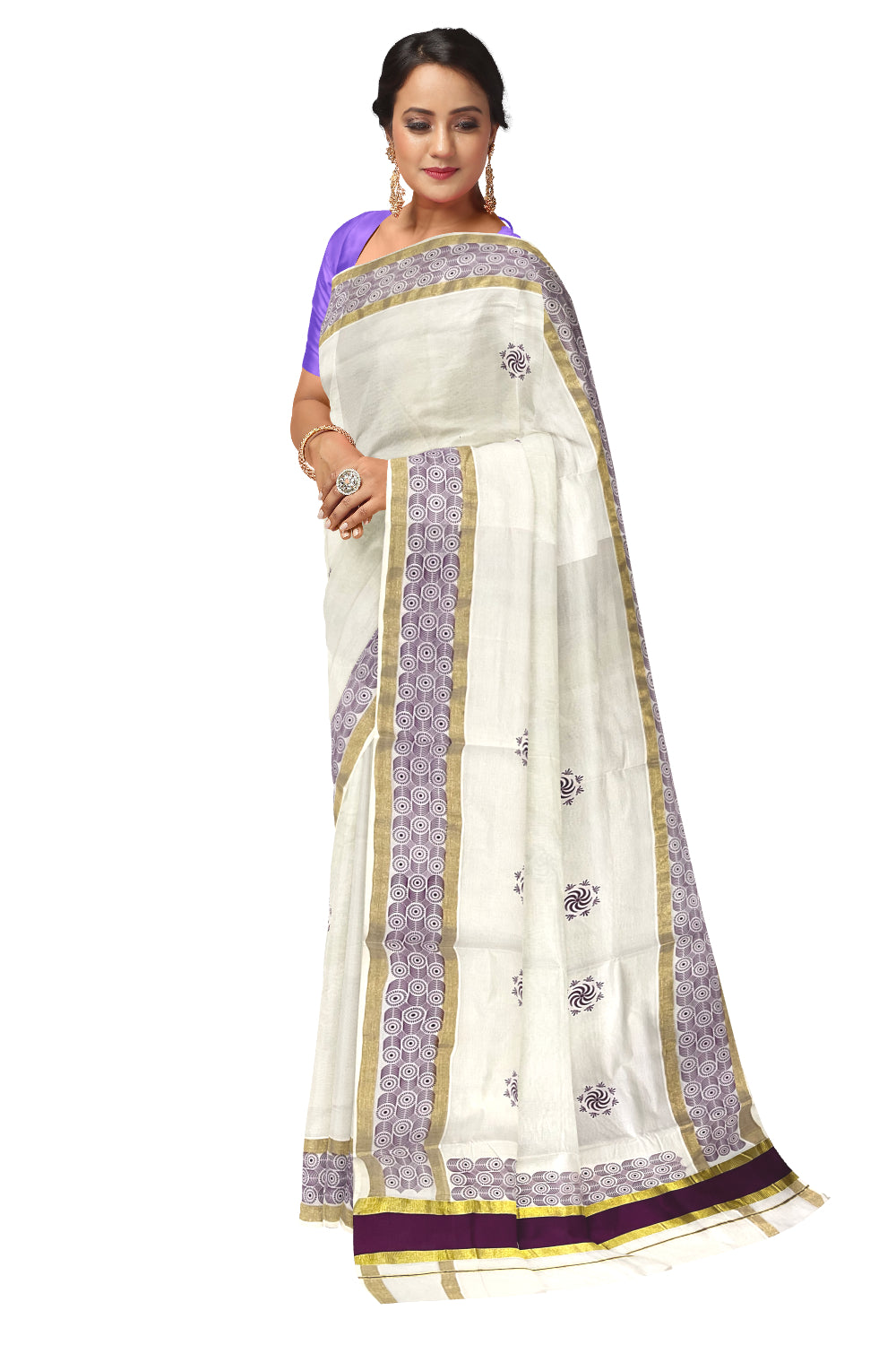 Pure Cotton Kerala Saree with Purple Block Printed Kasavu Border (Onam Saree 2023)