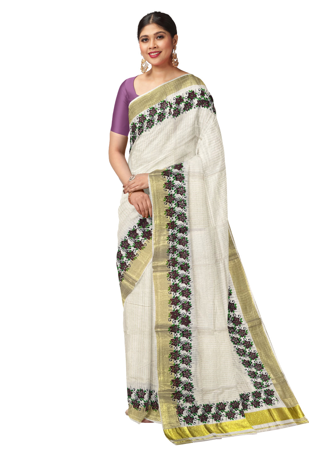 Kerala Pure Cotton Purple Floral Printed and Kasavu Lines Saree (Onam Saree 2023)