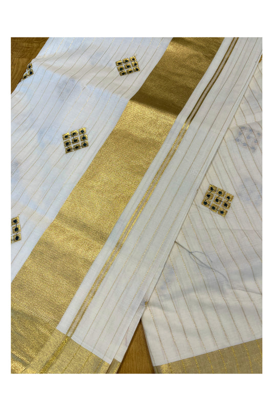 Kerala Cotton Kasavu Lines Saree with Green and Golden Embroidery Work