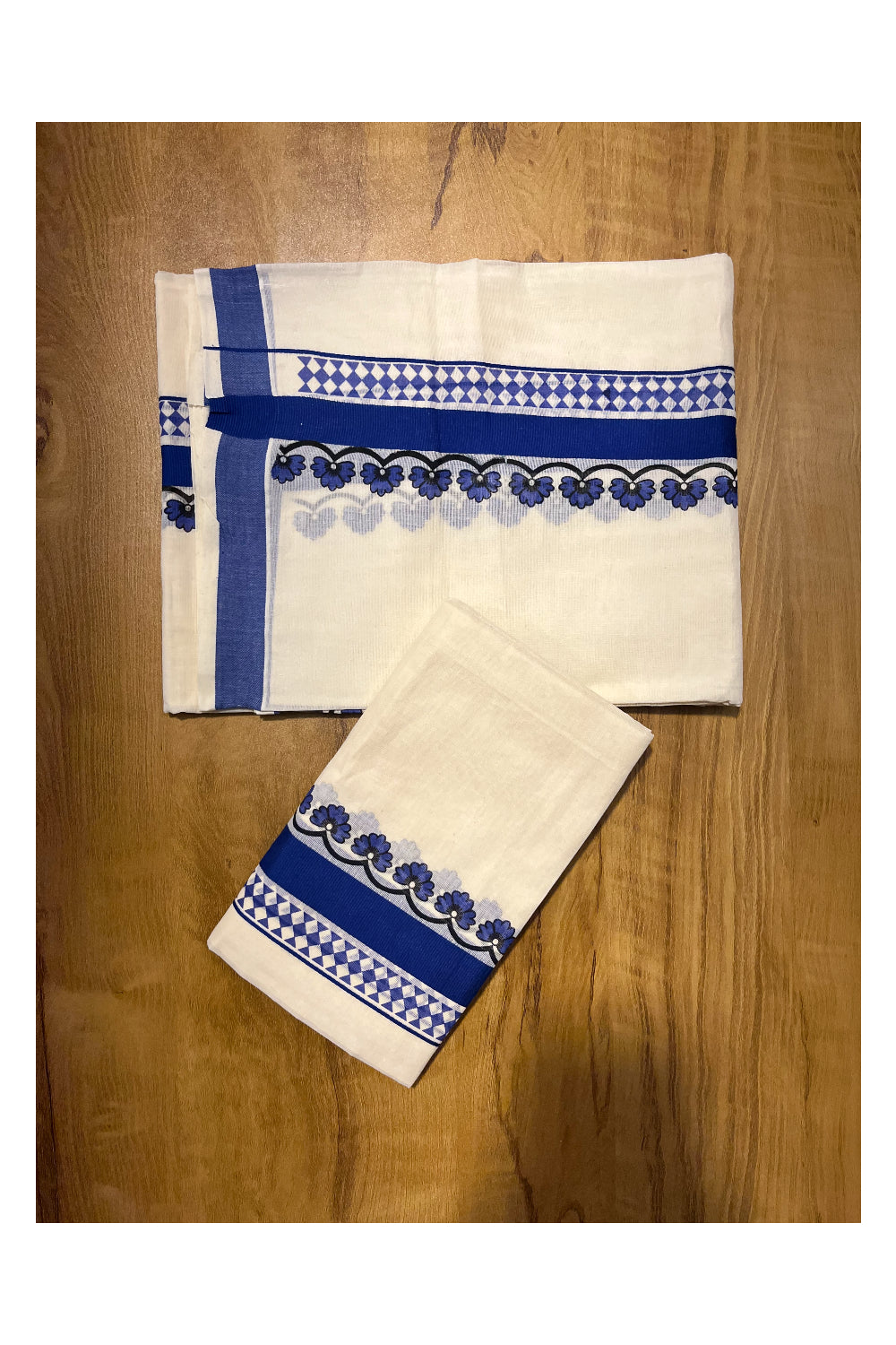 Kerala Cotton Single Set Mundu (Mundum Neriyathum) with Blue Block printed work Border 2.80 Mtrs