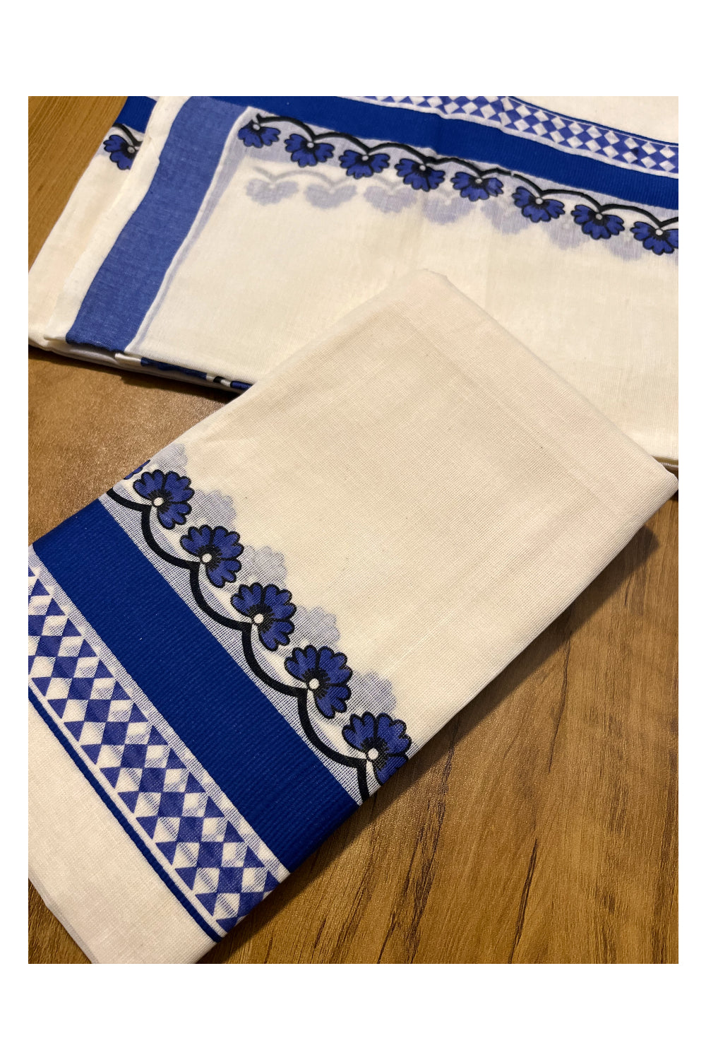 Kerala Cotton Single Set Mundu (Mundum Neriyathum) with Blue Block printed work Border 2.80 Mtrs