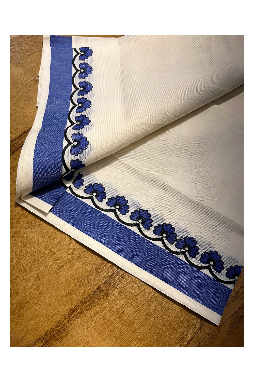 Kerala Cotton Single Set Mundu (Mundum Neriyathum) with Blue Block printed work Border 2.80 Mtrs