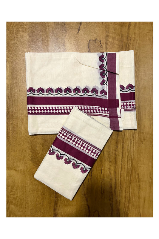 Kerala Cotton Single Set Mundu (Mundum Neriyathum) with Magenta Block printed work Border 2.80 Mtrs