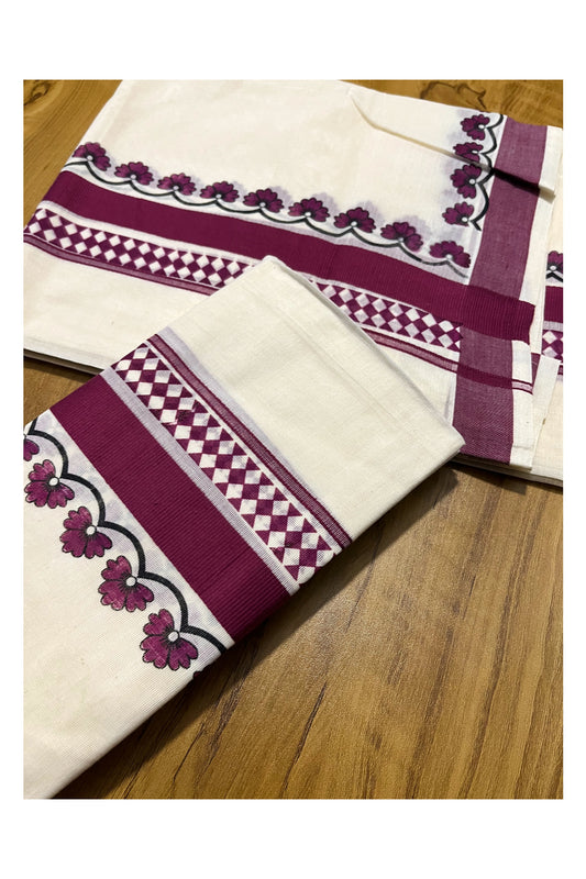 Kerala Cotton Single Set Mundu (Mundum Neriyathum) with Magenta Block printed work Border 2.80 Mtrs