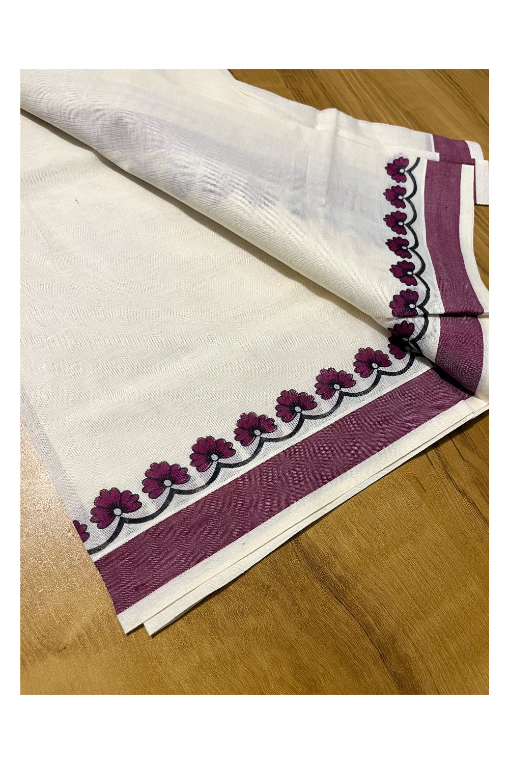 Kerala Cotton Single Set Mundu (Mundum Neriyathum) with Magenta Block printed work Border 2.80 Mtrs