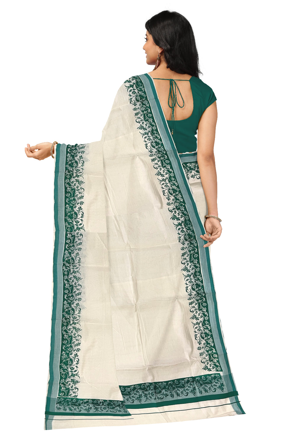 Kerala Cotton Saree with Green Floral Block Printed Border