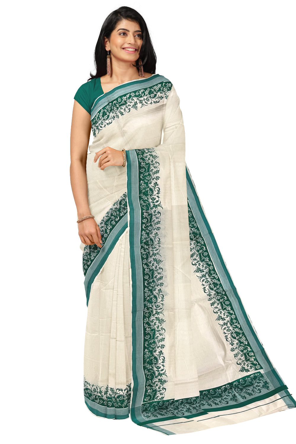 Kerala Cotton Saree with Green Floral Block Printed Border