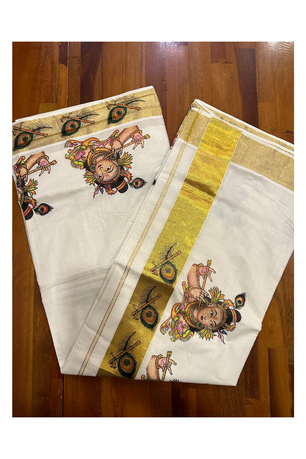 Pure Cotton Kerala Kasavu Saree with Krishna Mural Printed Design (Onam Saree 2023)