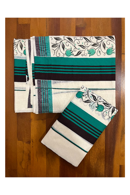 Southloom Pure Cotton Kerala Single Set Mundu with Floral Block Prints on Green Black Border