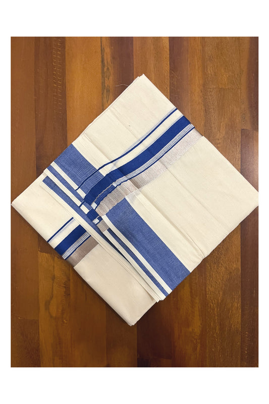 Pure Cotton Kerala Double Mundu with Blue and Silver Kasavu Kara (South Indian Kerala Dhoti)