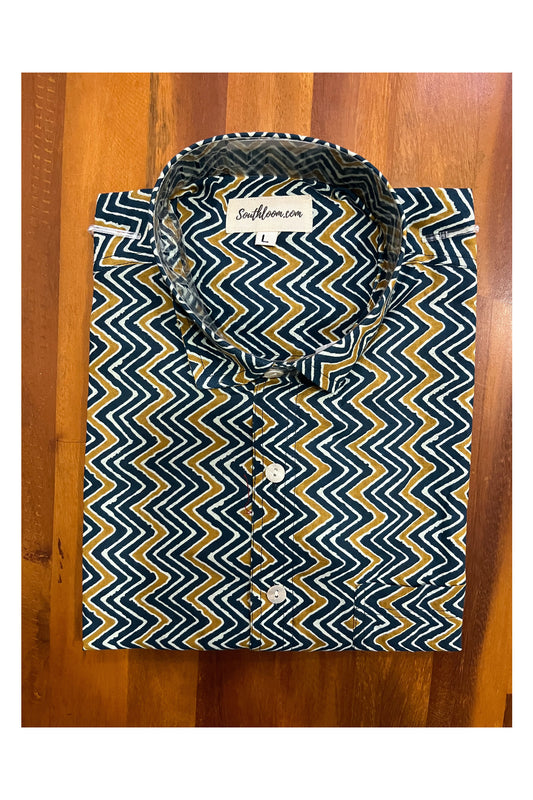 Southloom Jaipur Cotton Teal Green Zig Zag Hand Block Printed Shirt (Half Sleeves)