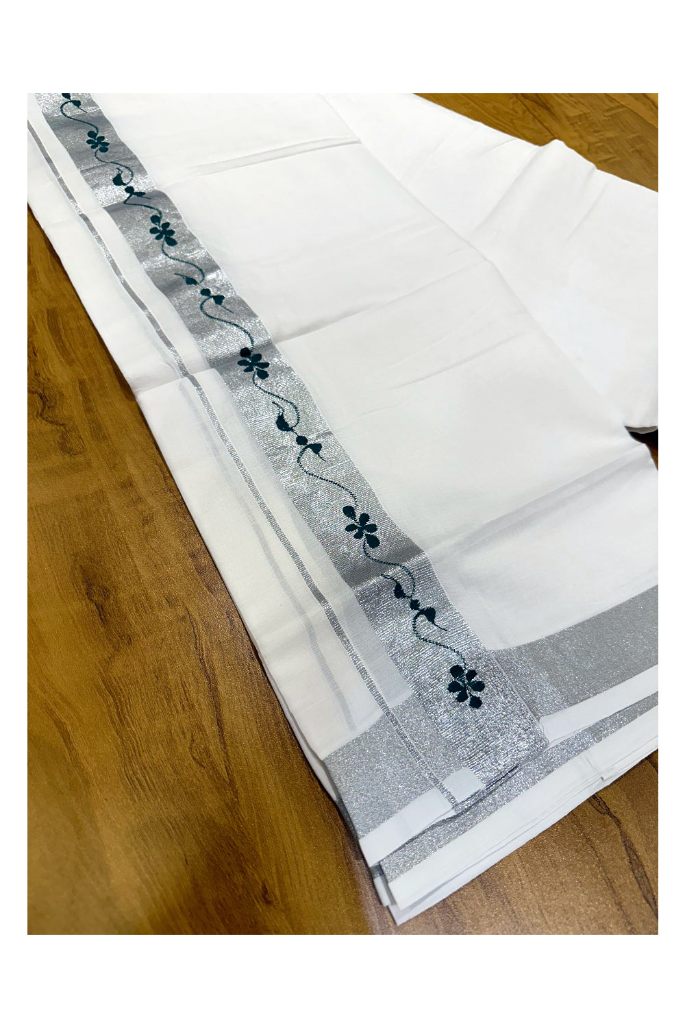 Pure White Cotton Double Mundu with Dark Green Prints on Silver Kasavu Border (South Indian Kerala Dhoti)