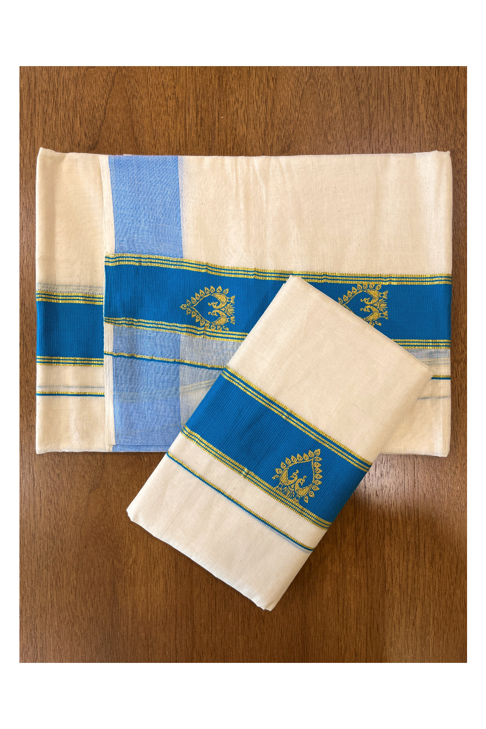 Cotton Single Set Mundu (Mundu Neriyathum) with Golden Block Prints on Light Blue Border