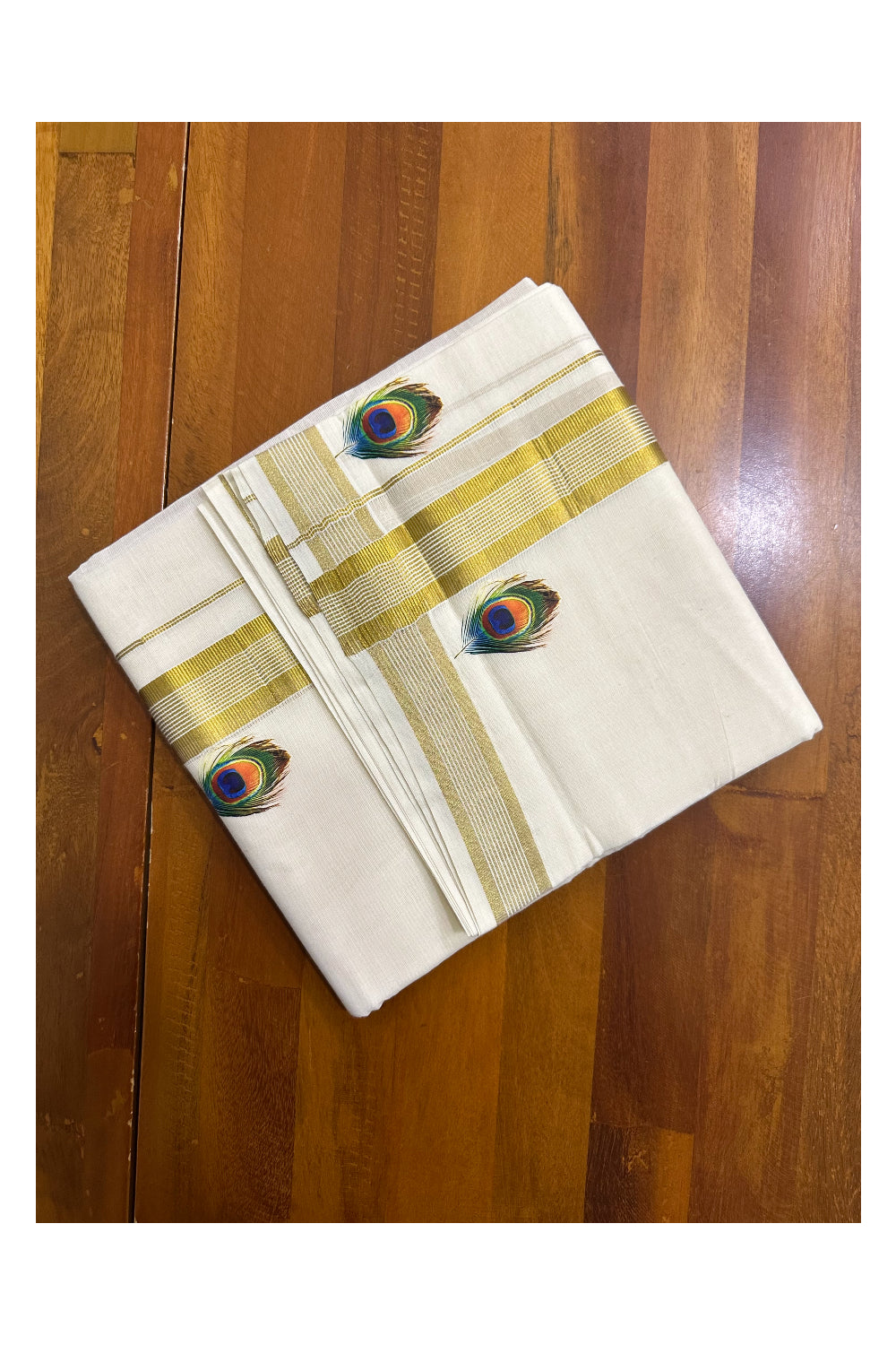 Southloom Lines Kasavu Double Mundu with Mural Print Along Kara