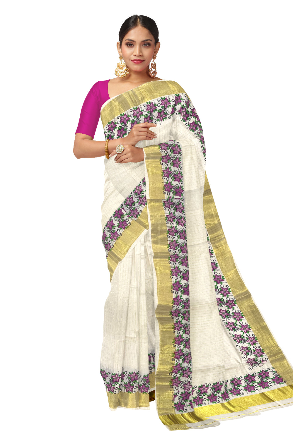 Kerala Pure Cotton Magenta Floral Printed and Kasavu Lines Saree (Onam Saree 2023)