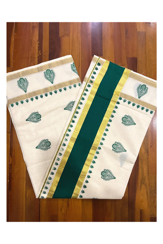 Pure Cotton Kerala Saree with Green Block Printed Kasavu Border (Onam Saree 2023)