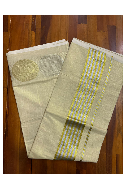 Kerala Tissue Kasavu Plain Saree with Golden and Silver Polka works across the Border and Lines Pallu