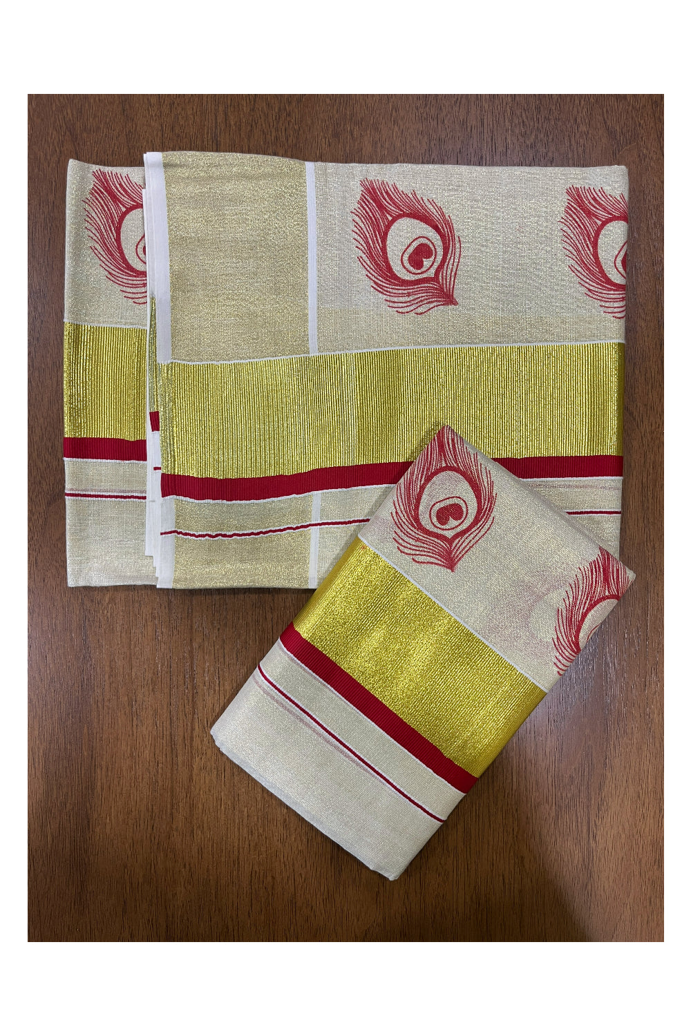 Kerala Tissue Kasavu Set Mundu (Mundum Neriyathum) with Red Feather Block Prints on Border 2.80 Mtrs