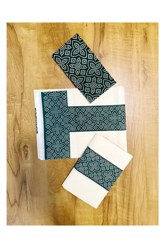 Kerala Cotton Single Set Mundu (Mundum Neriyathum) with Green Block printed Border And Matching Blouse Piece (2.80 Mtrs)