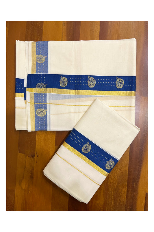 Kerala Pure Cotton Single Set Mundu (Mundum Neriyathum) with Block Prints on Blue and Kasav Border