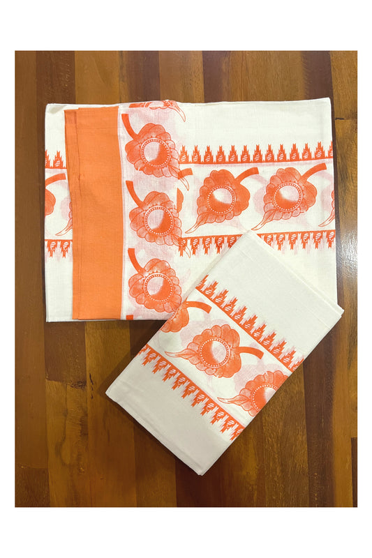 Kerala Cotton Mundum Neriyathum Single (Set Mundu) with Orange Leaf Block Prints in Border 2.80 Mtrs