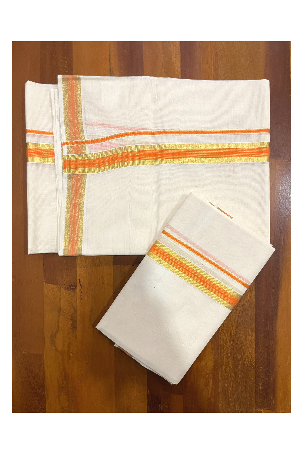 Pure Cotton Kerala Single Set Mundu (Mundum Neriyathum) with Orange and Kasavu Border 2.80 Mtrs