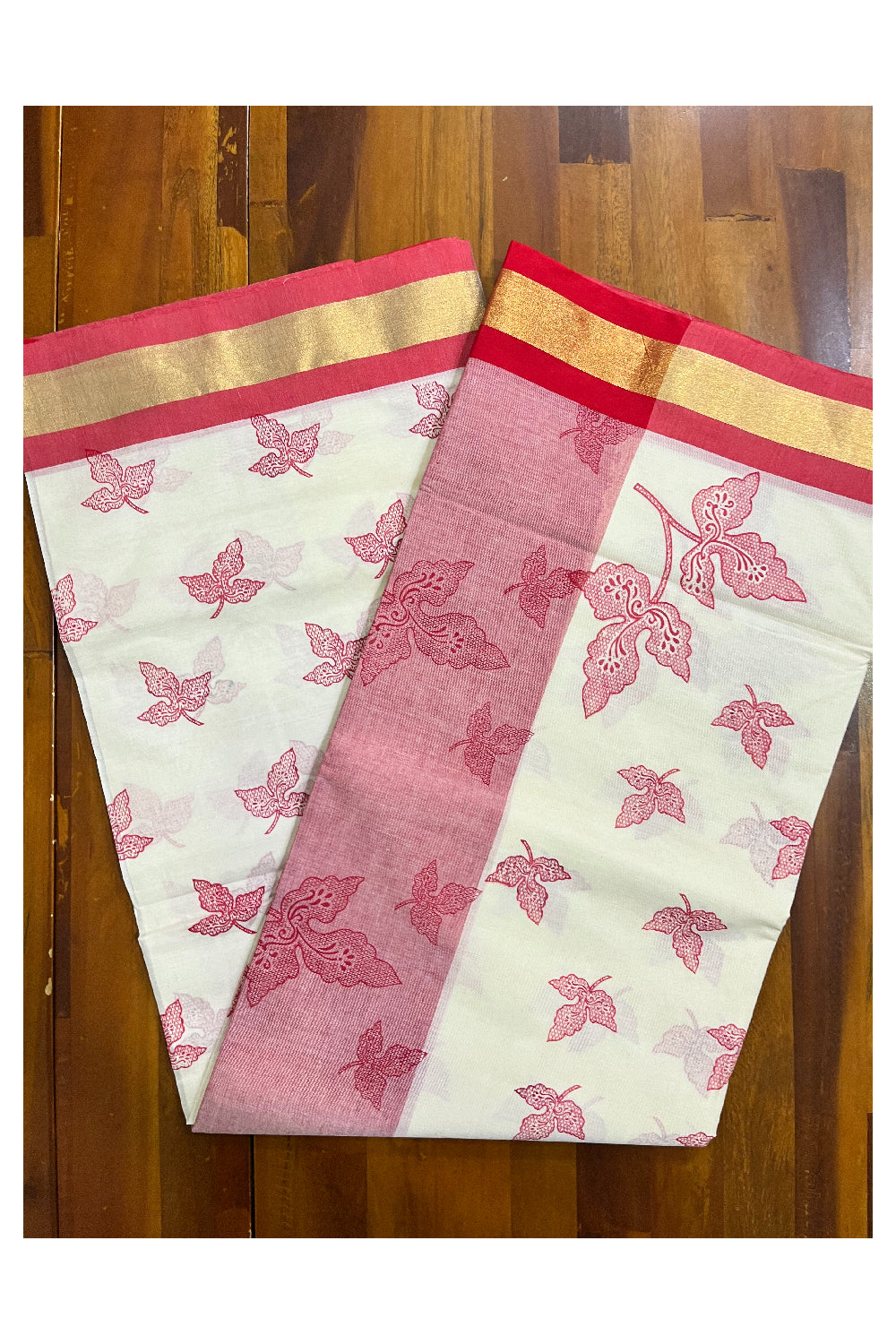 Pure Cotton Kerala Saree with Pink Block Print Leaf Designs and Kasavu Border (Vishu 2024 Collection)