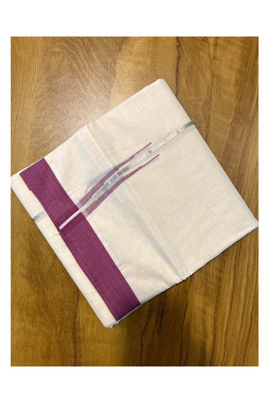 Pure Cotton Off White Double Mundu with Silver Kasavu and Purple Chutti Border (South Indian Kerala Dhoti)