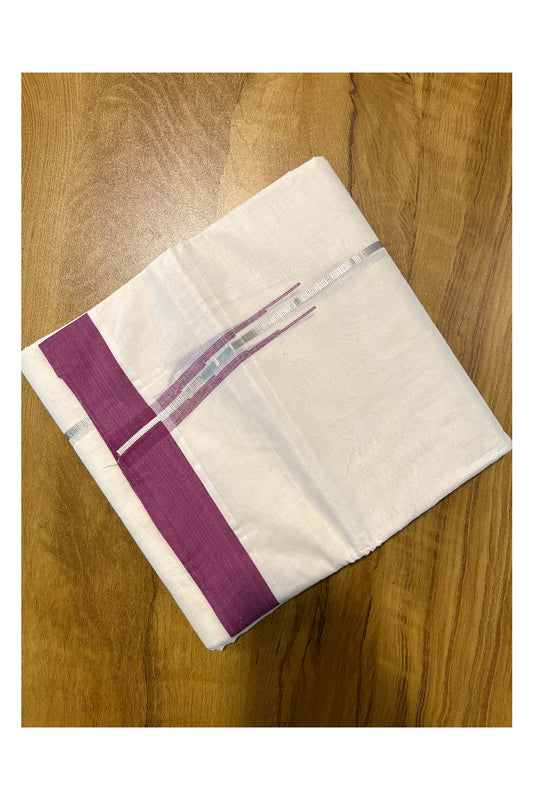 Pure Cotton Off White Double Mundu with Silver Kasavu and Deep Pink Chutti Border (South Indian Kerala Dhoti)