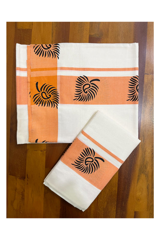 Kerala Pure Cotton Set Mundu (Mundum Neriyathum) with Block Printed Orange Border 2.80 Mtrs