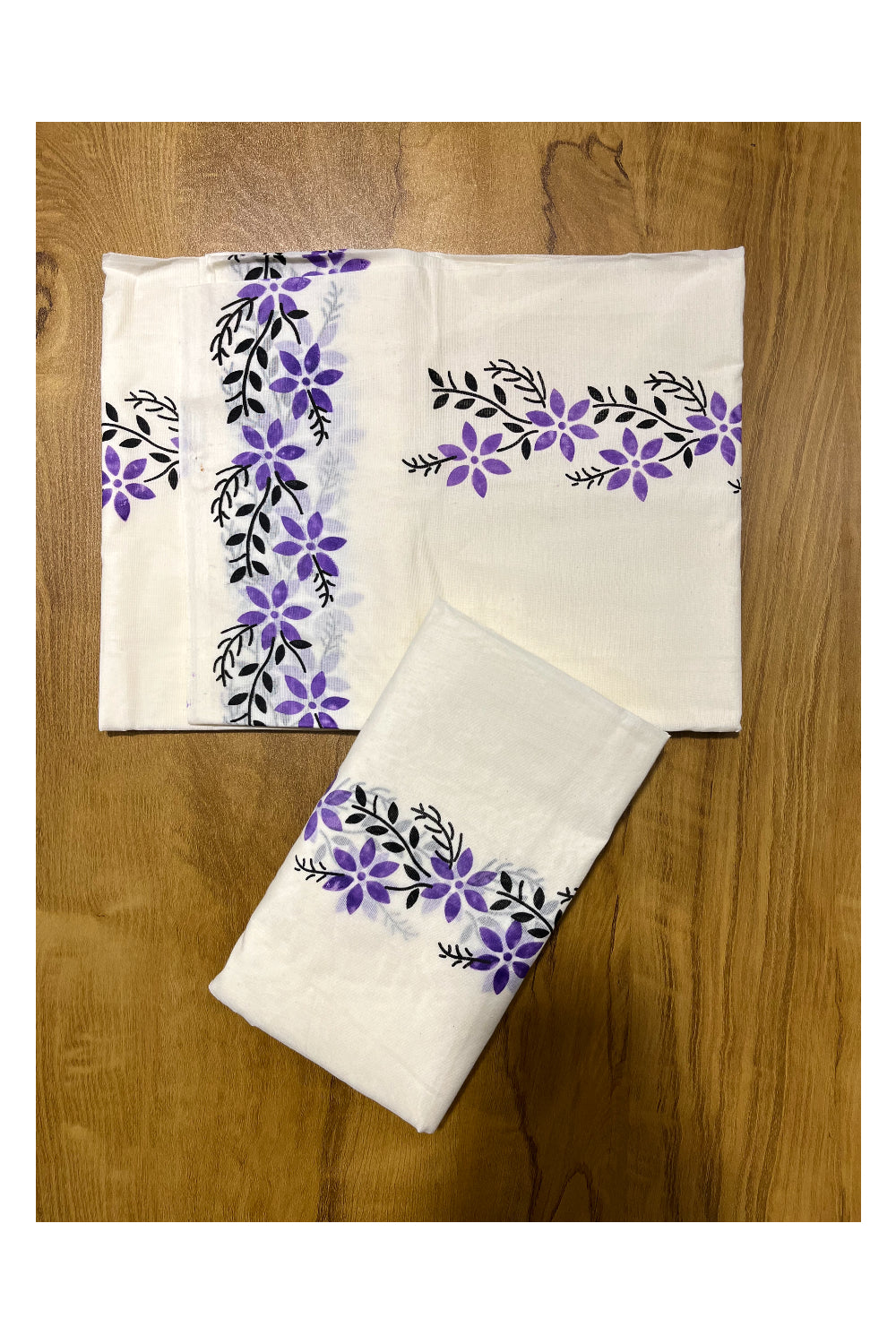 Pure Cotton Kerala Set Mundu (Mundum Neriyathum) with Lavender Floral Block Printed Border